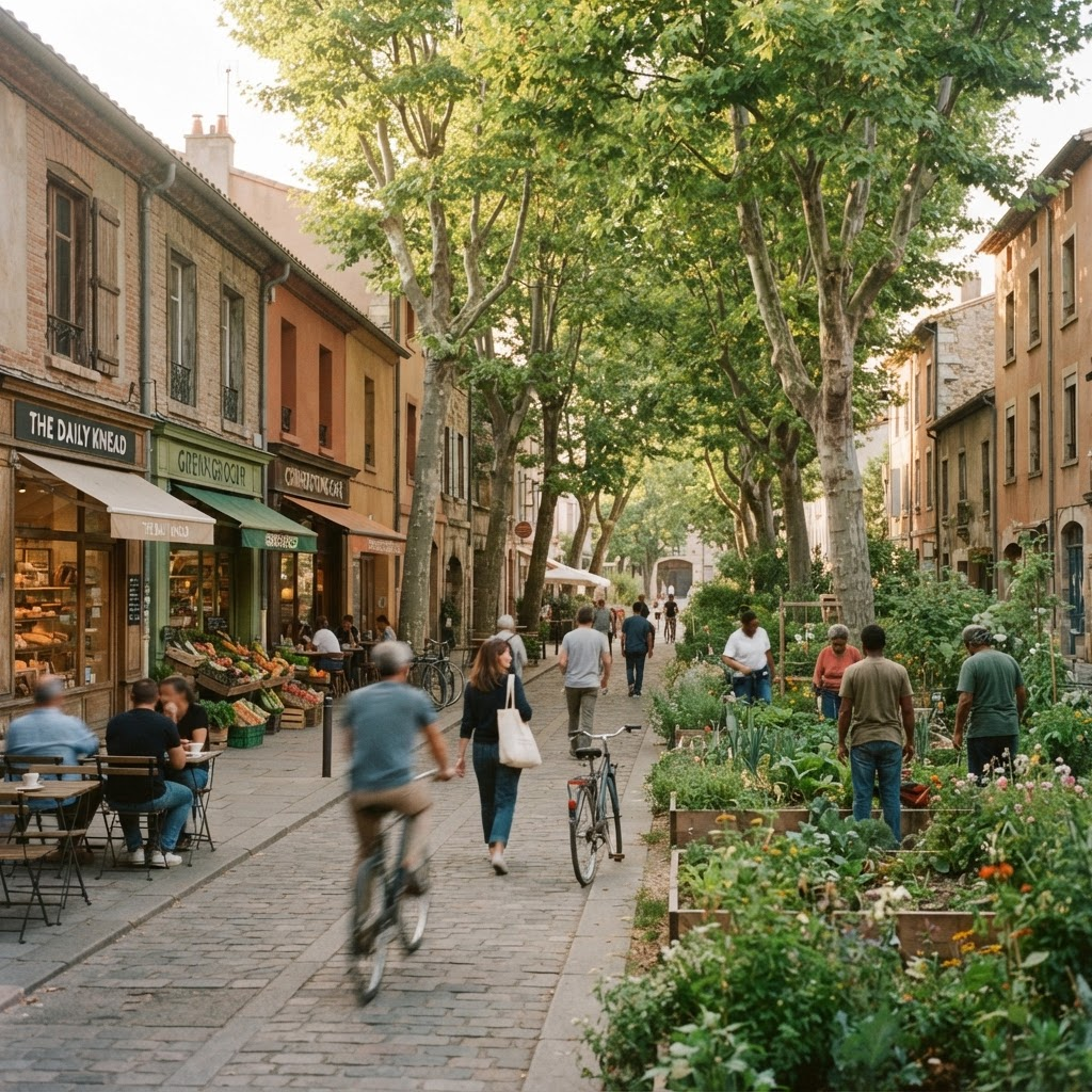 A thriving local neighborhood with shops, greenery, and community spaces